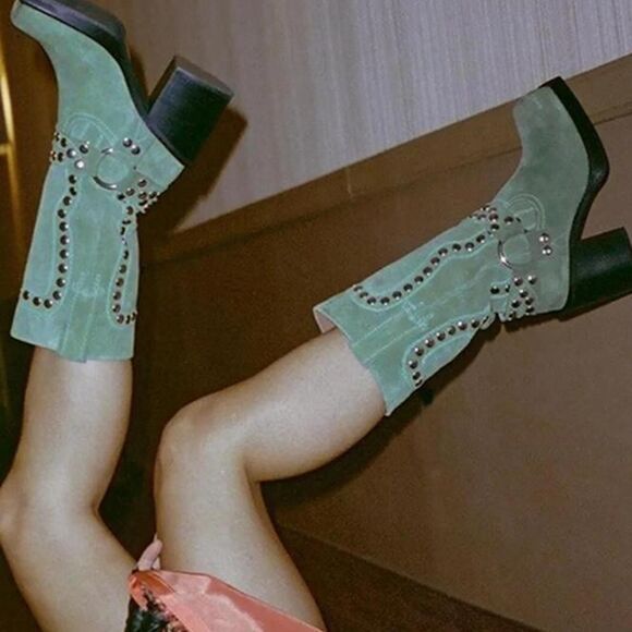 Jeffrey Campbell Shoes - Jeffrey Campbell Juvenile-S Olive Green Suede Studded Western Boots Size 11
